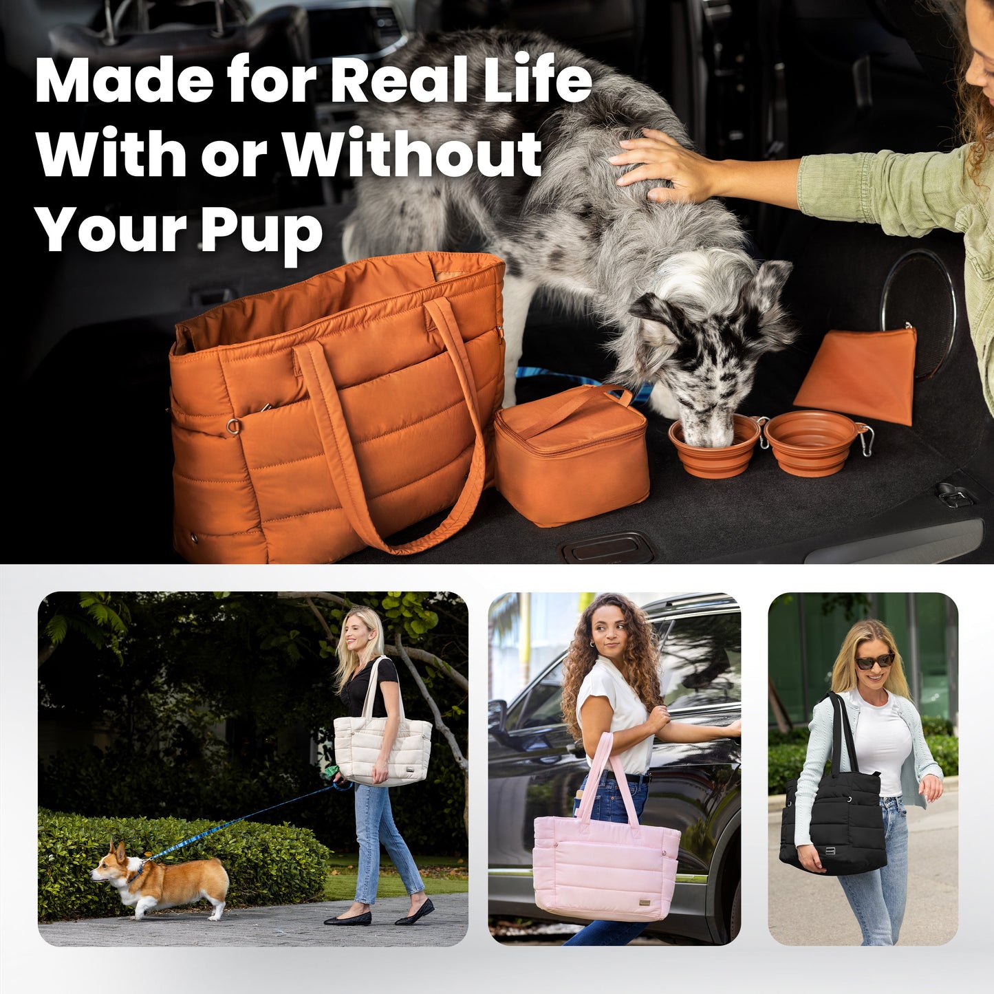 Rubyloo Puffer Dog Travel Bag | Quilted Nylon Tote | 9 Pockets | Bowls & Containers Included | 6 Colors