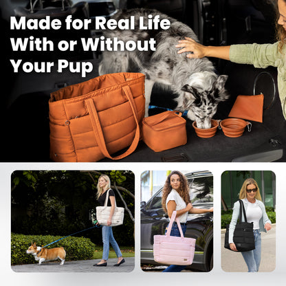 Rubyloo Puffer Dog Travel Bag | Quilted Nylon Tote | 9 Pockets | Bowls & Containers Included | 6 Colors