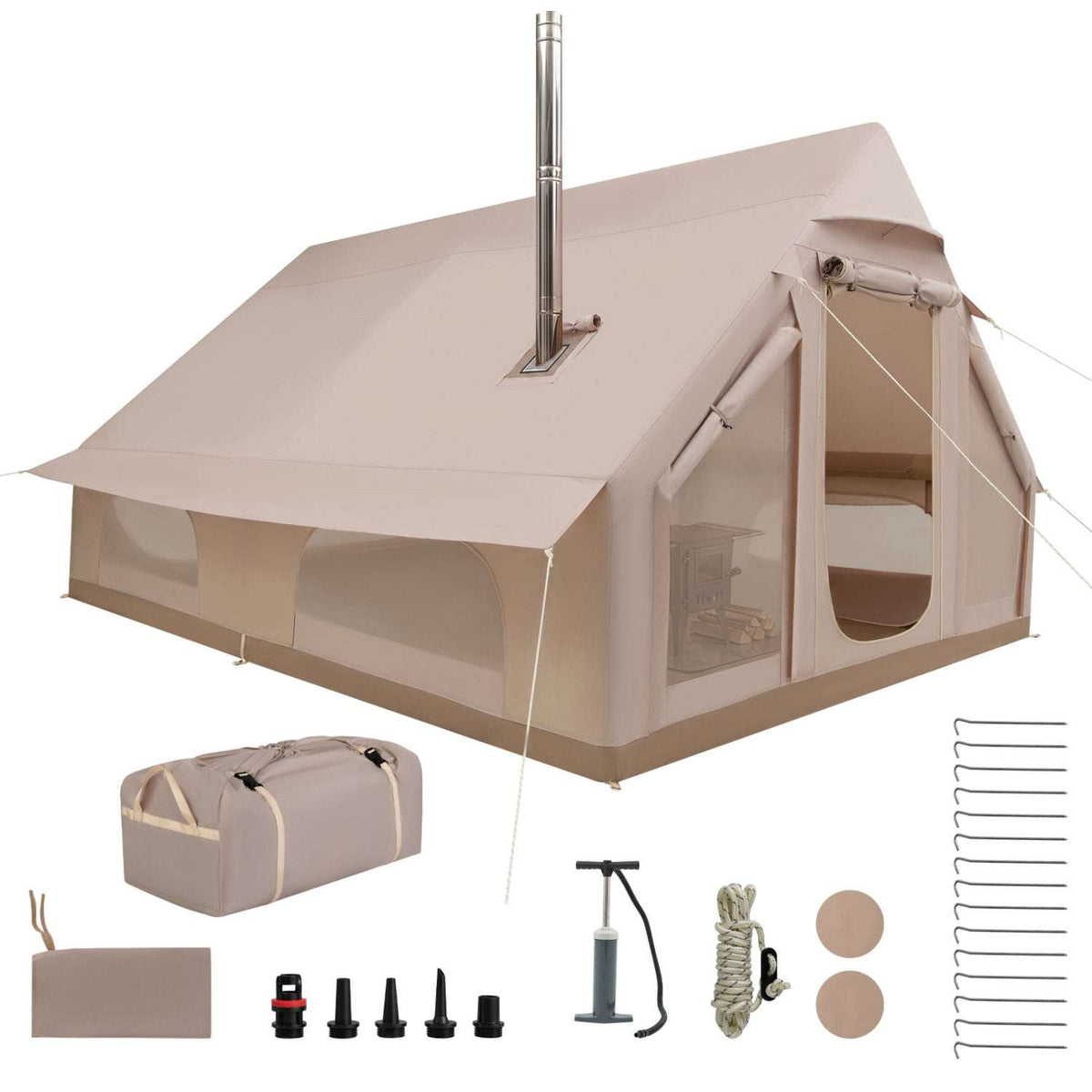 Beige inflatable camping tent with stove jack, screened windows, open doorway, and included accessories