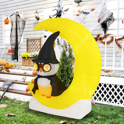 Halloween Inflatable Wizard Owl on Crescent Moon with LED Lights