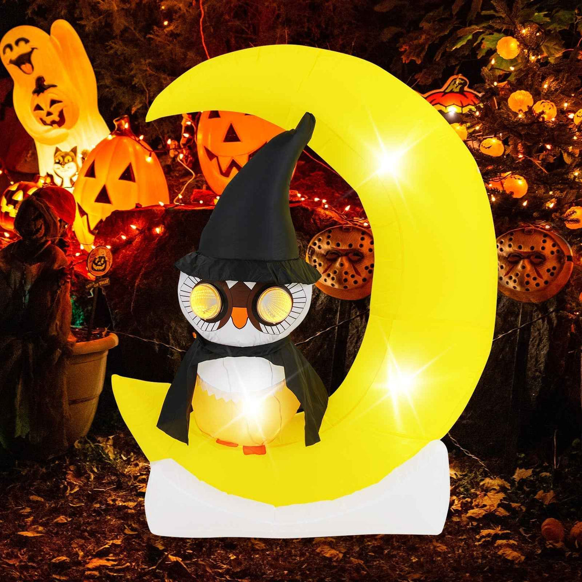 Halloween Inflatable Wizard Owl on Crescent Moon with LED Lights