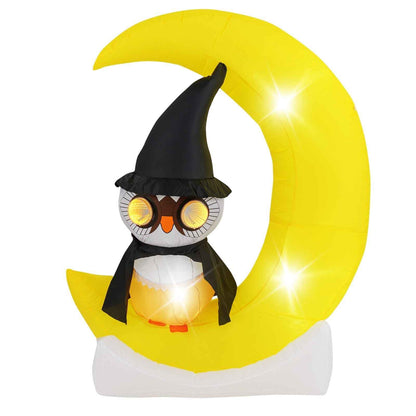 Halloween Inflatable Wizard Owl on Crescent Moon with LED Lights