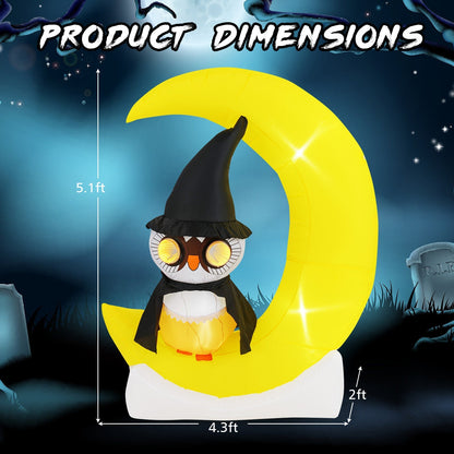 Halloween Inflatable Wizard Owl on Crescent Moon with LED Lights