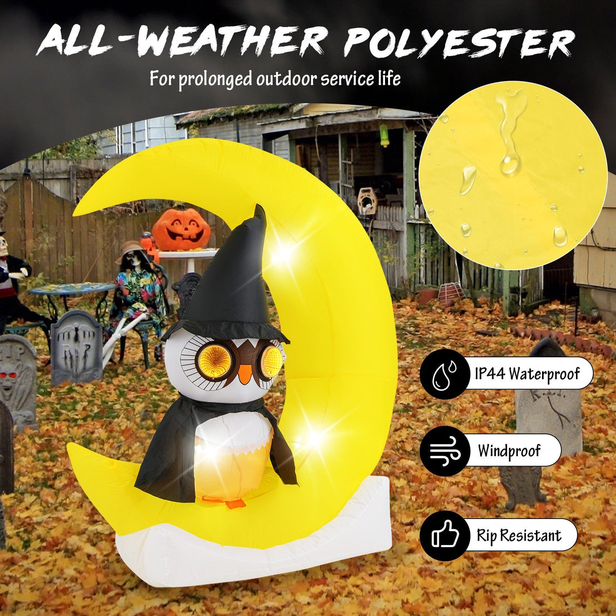 Halloween Inflatable Wizard Owl on Crescent Moon with LED Lights