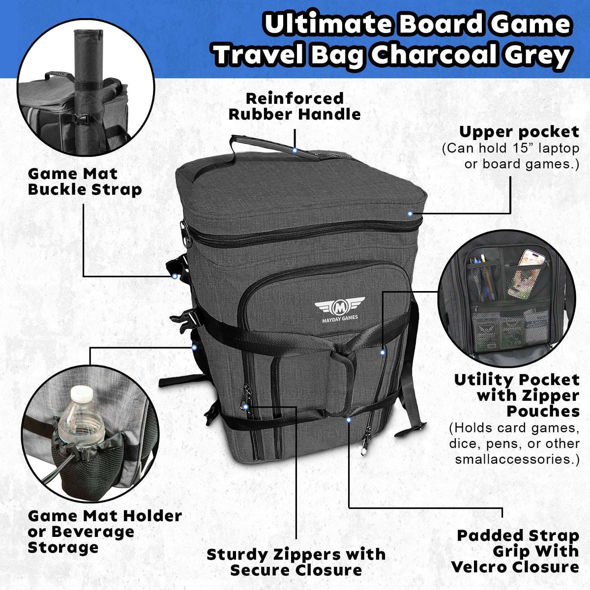 Charcoal board game travel bag with reinforced handle, padded straps, and utility pockets