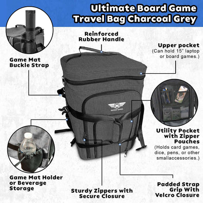 Charcoal board game travel bag with reinforced handle, padded straps, and utility pockets