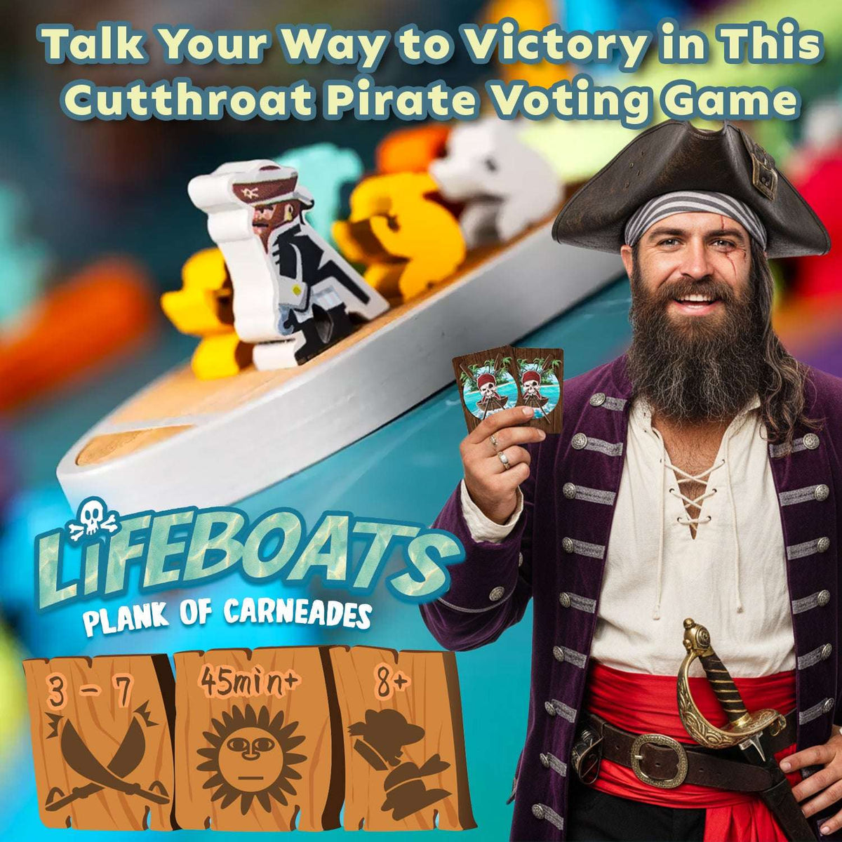Pirate-themed Lifeboats board game box promo card with bearded pirate holding a pack