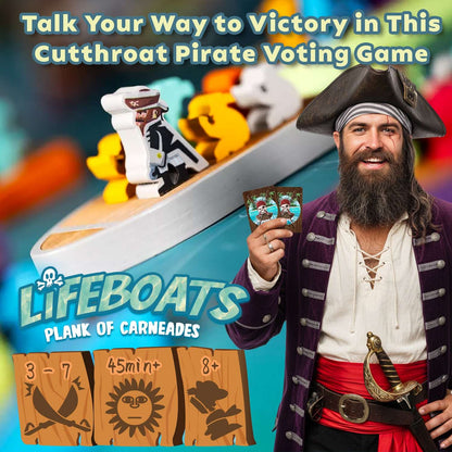Pirate-themed Lifeboats board game box promo card with bearded pirate holding a pack