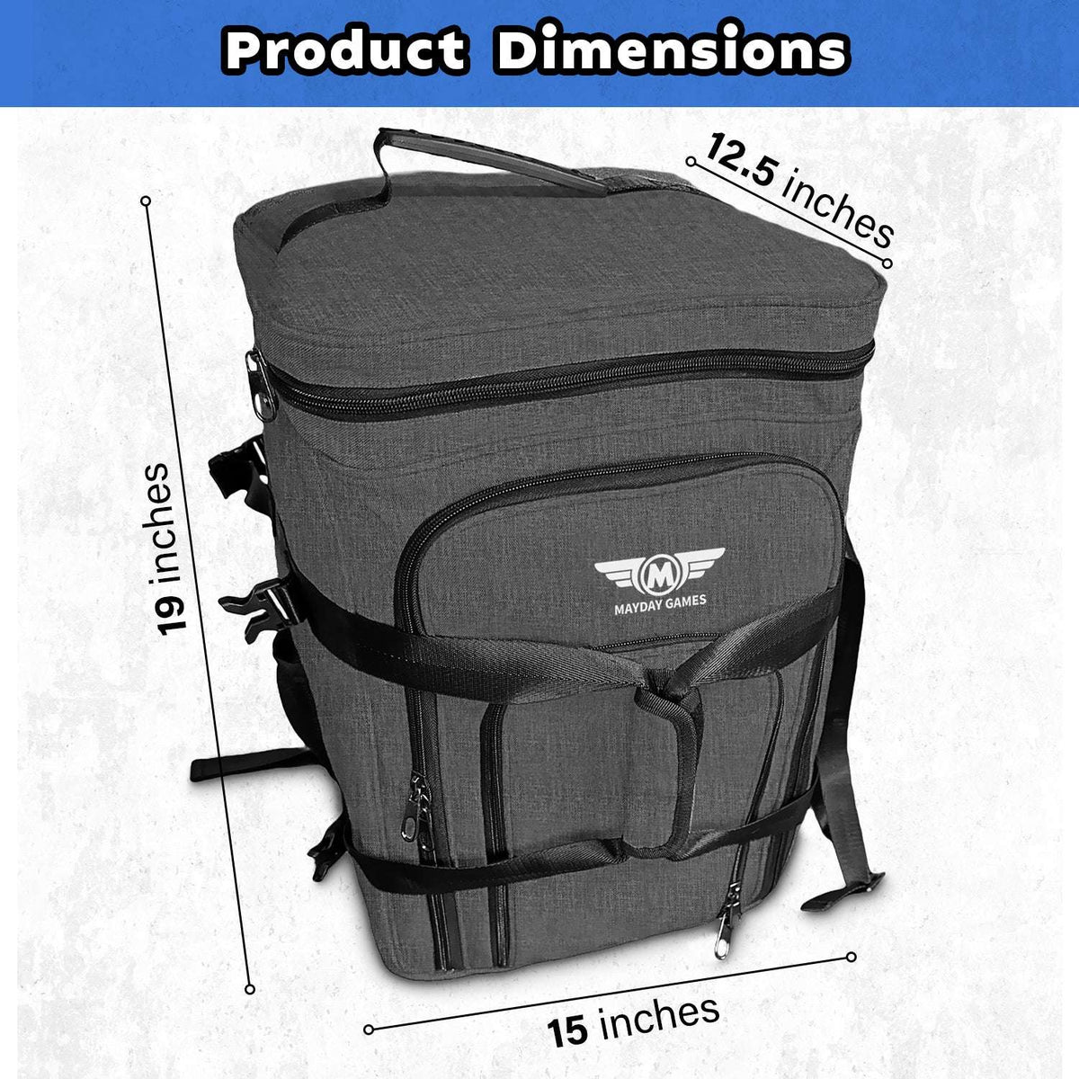 Charcoal board game travel bag with product dimensions, front storage pocket and straps