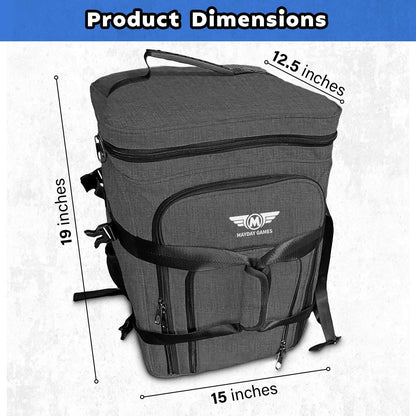 Charcoal board game travel bag with product dimensions, front storage pocket and straps