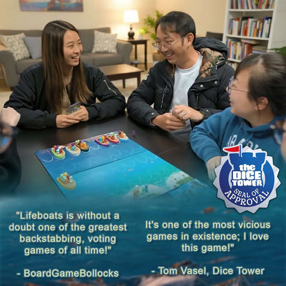 Lifeboats board game being played at a table with four players around the ocean board
