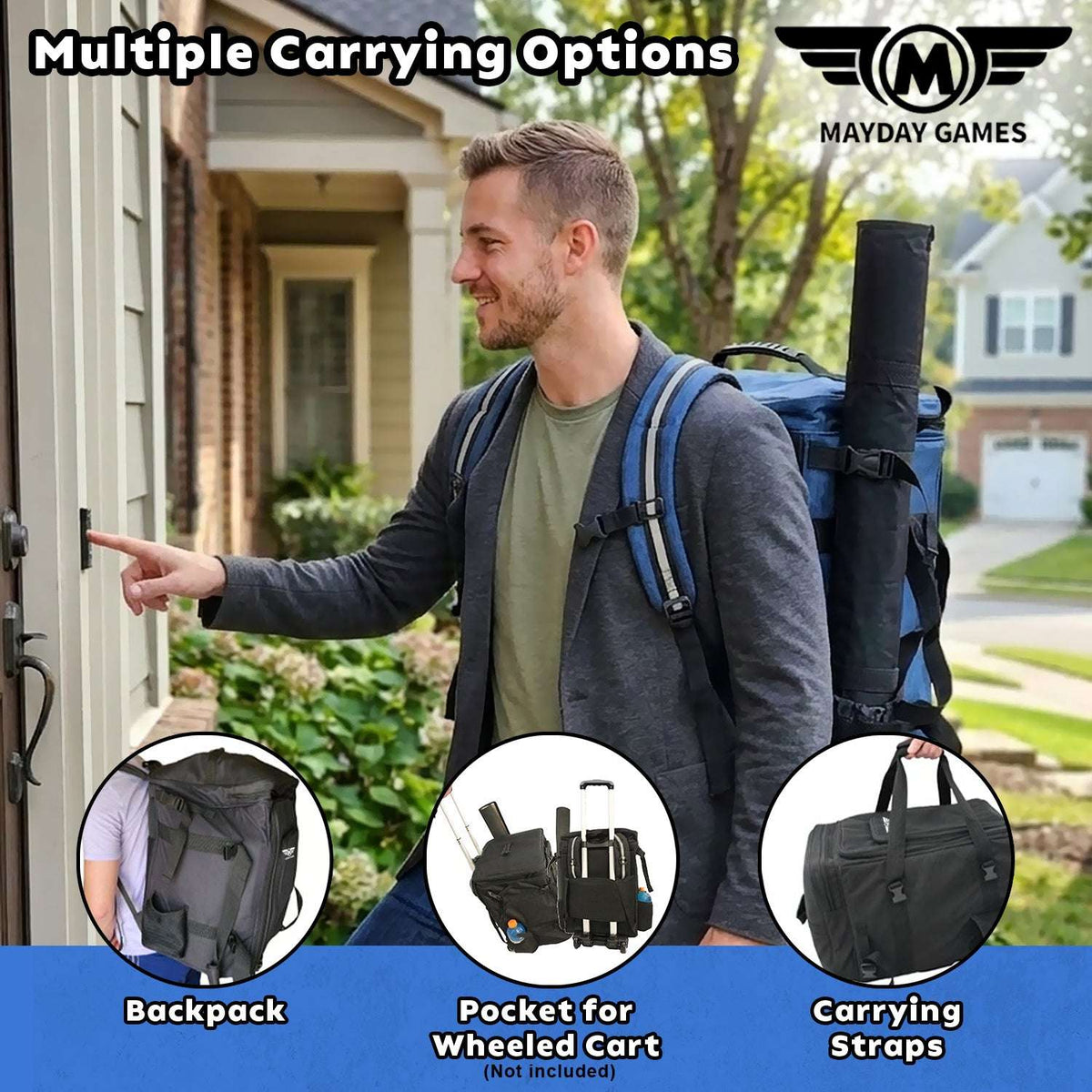 Padded board game travel bag with backpack straps and side carry straps, dark blue