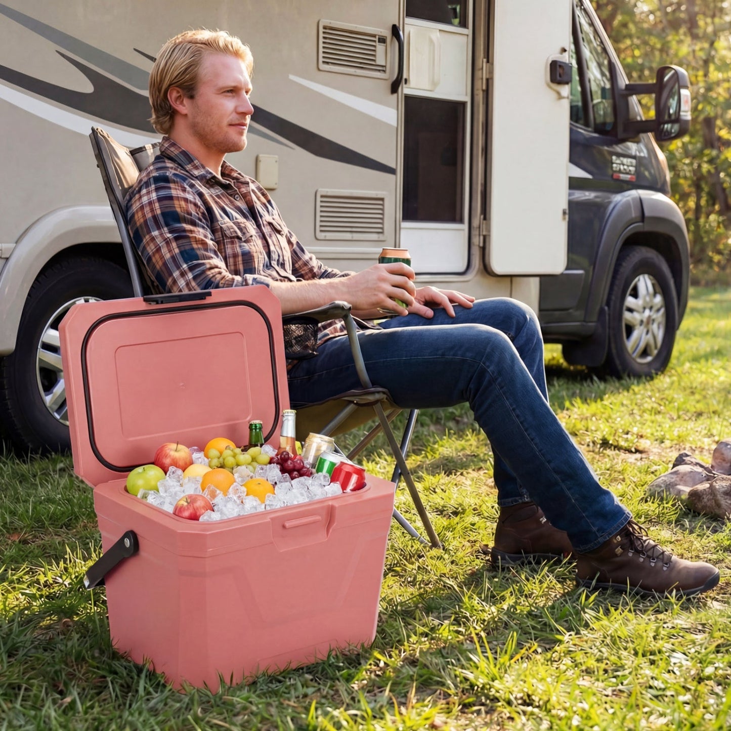 Insulated Portable Hard Shell Cooler with Cup Holders & Bottle Opener