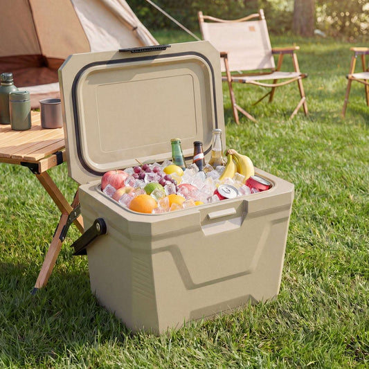 Sand hard-shell insulated cooler with open lid, holds ice and drinks, two cup holders