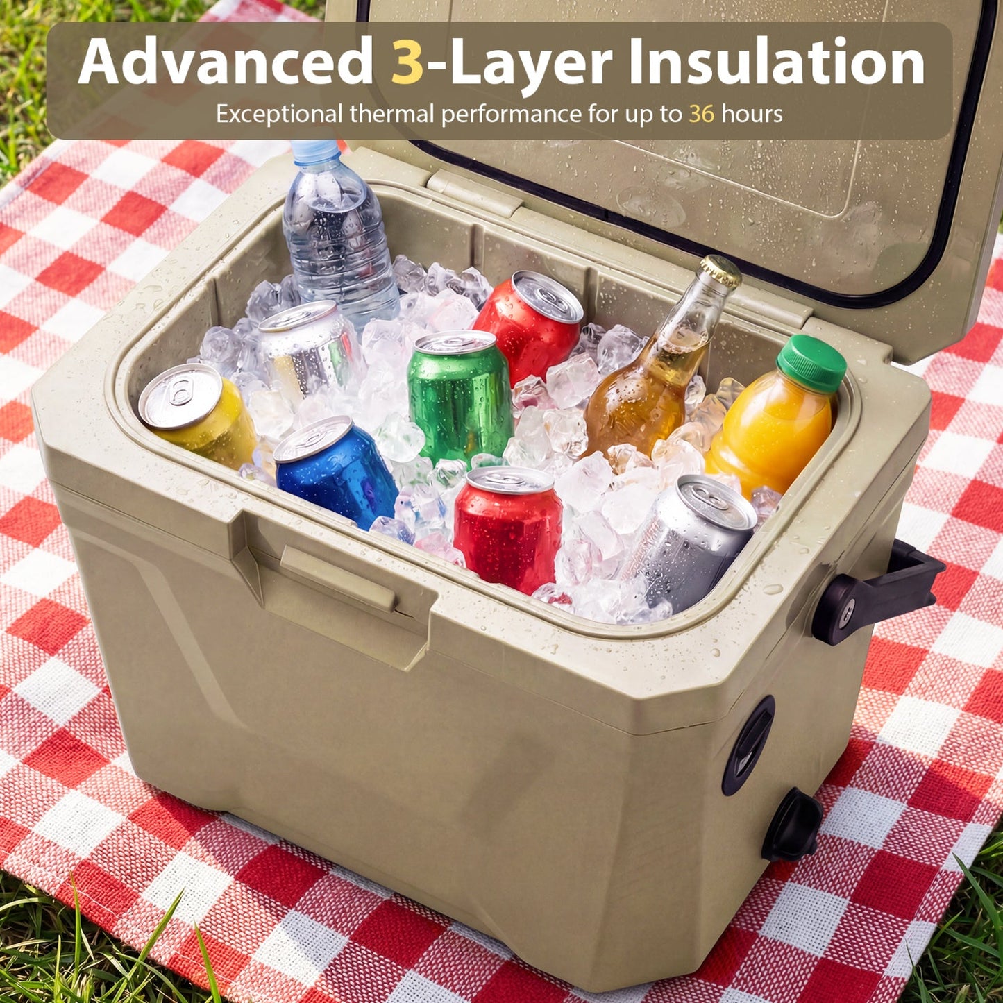 Insulated Portable Hard Shell Cooler with Cup Holders & Bottle Opener