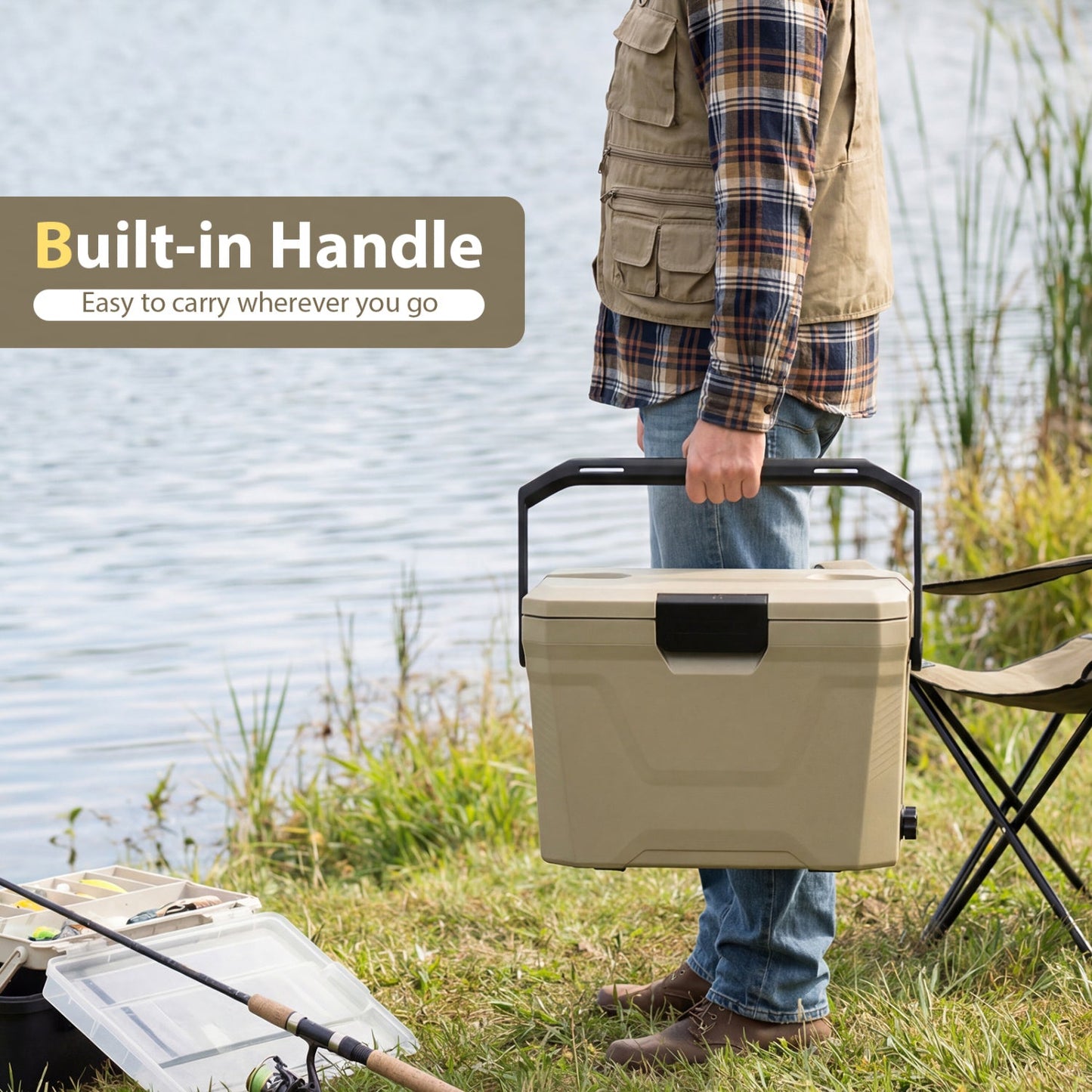 Insulated Portable Hard Shell Cooler with Cup Holders & Bottle Opener
