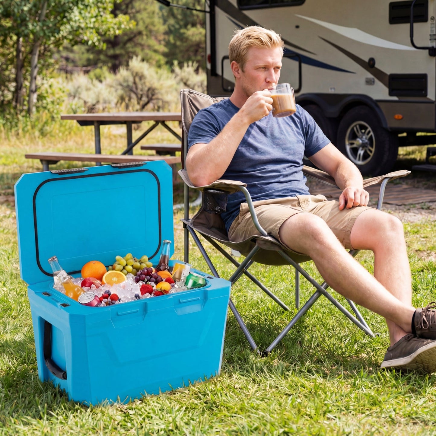 Large Insulated Hard Shell Cooler with Cup Holders, Bottle Opener & Drain Plug
