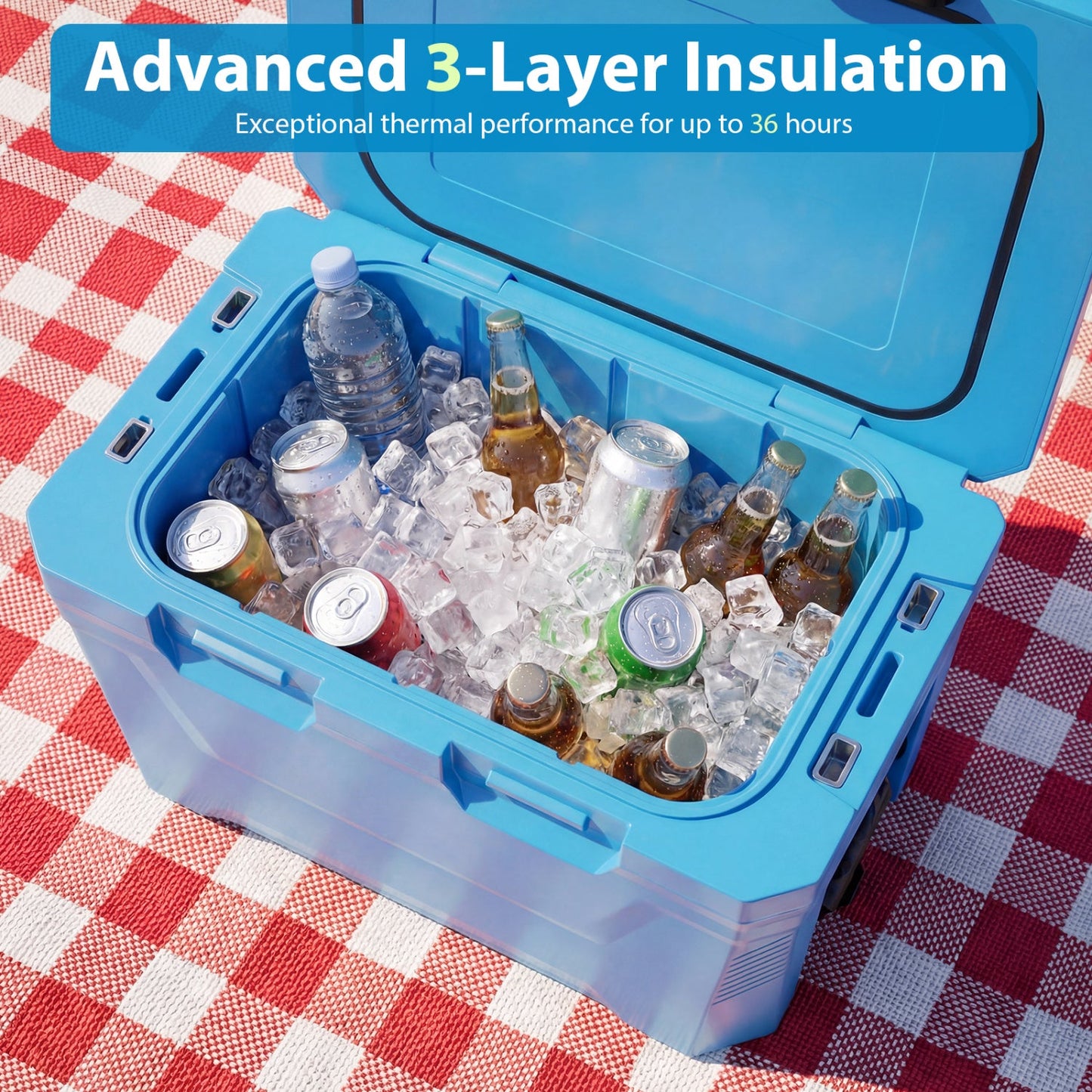 Large Insulated Hard Shell Cooler with Cup Holders, Bottle Opener & Drain Plug