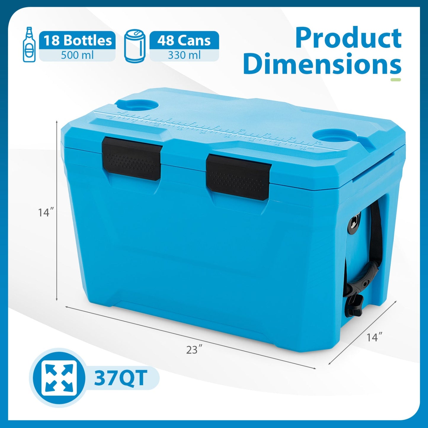 Large Insulated Hard Shell Cooler with Cup Holders, Bottle Opener & Drain Plug