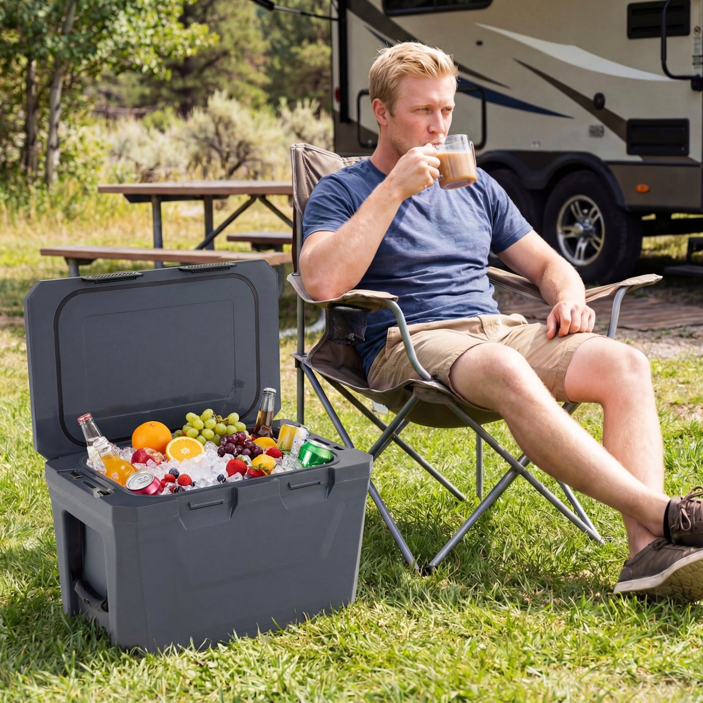 Large Insulated Hard Shell Cooler with Cup Holders, Bottle Opener & Drain Plug