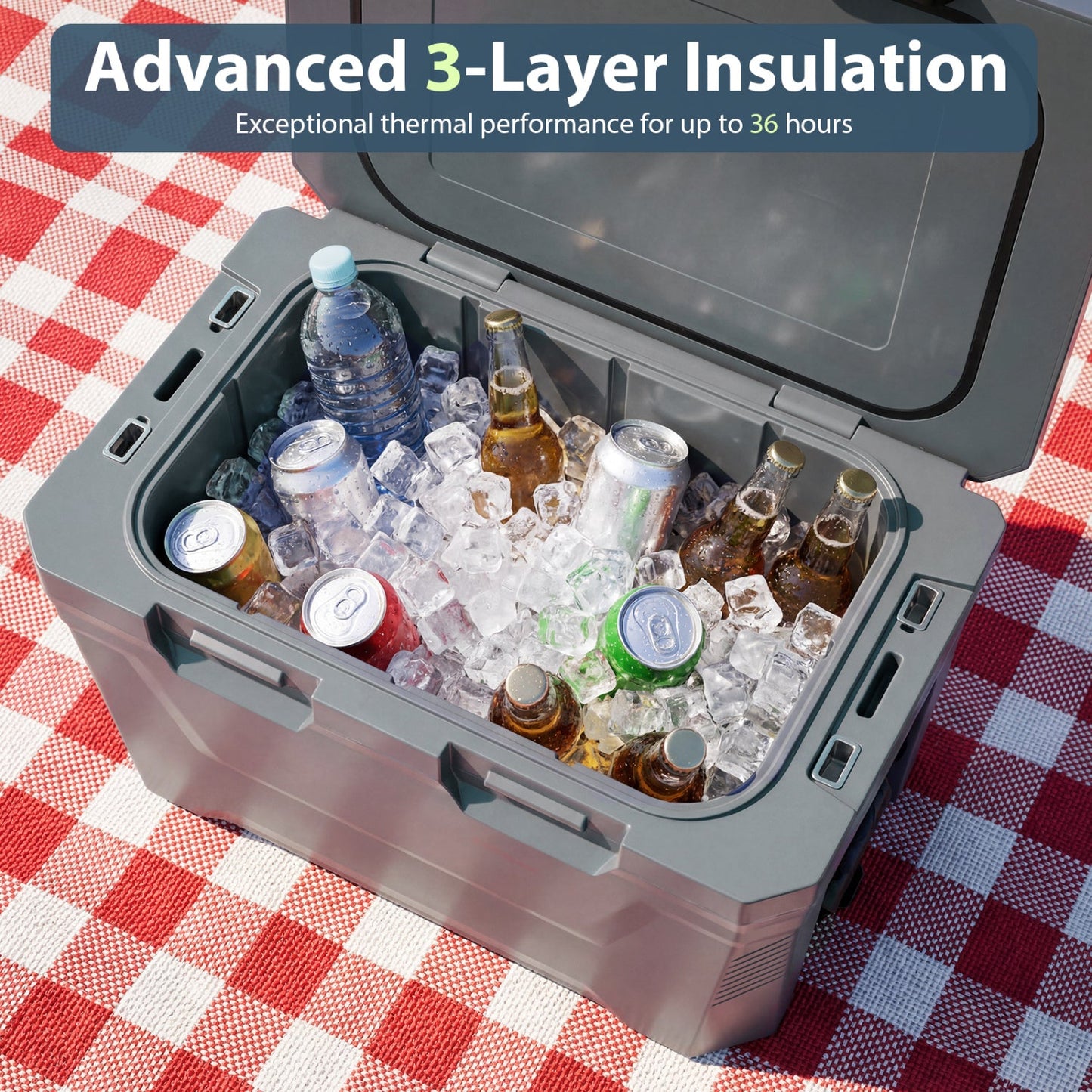 Large Insulated Hard Shell Cooler with Cup Holders, Bottle Opener & Drain Plug