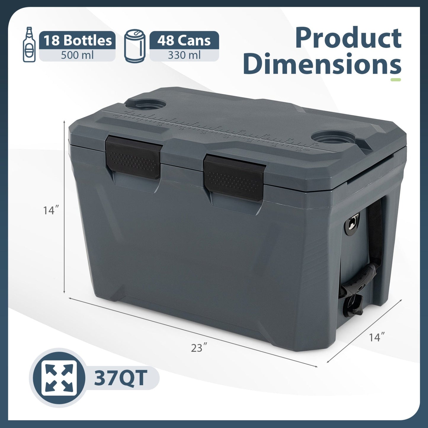 Large Insulated Hard Shell Cooler with Cup Holders, Bottle Opener & Drain Plug