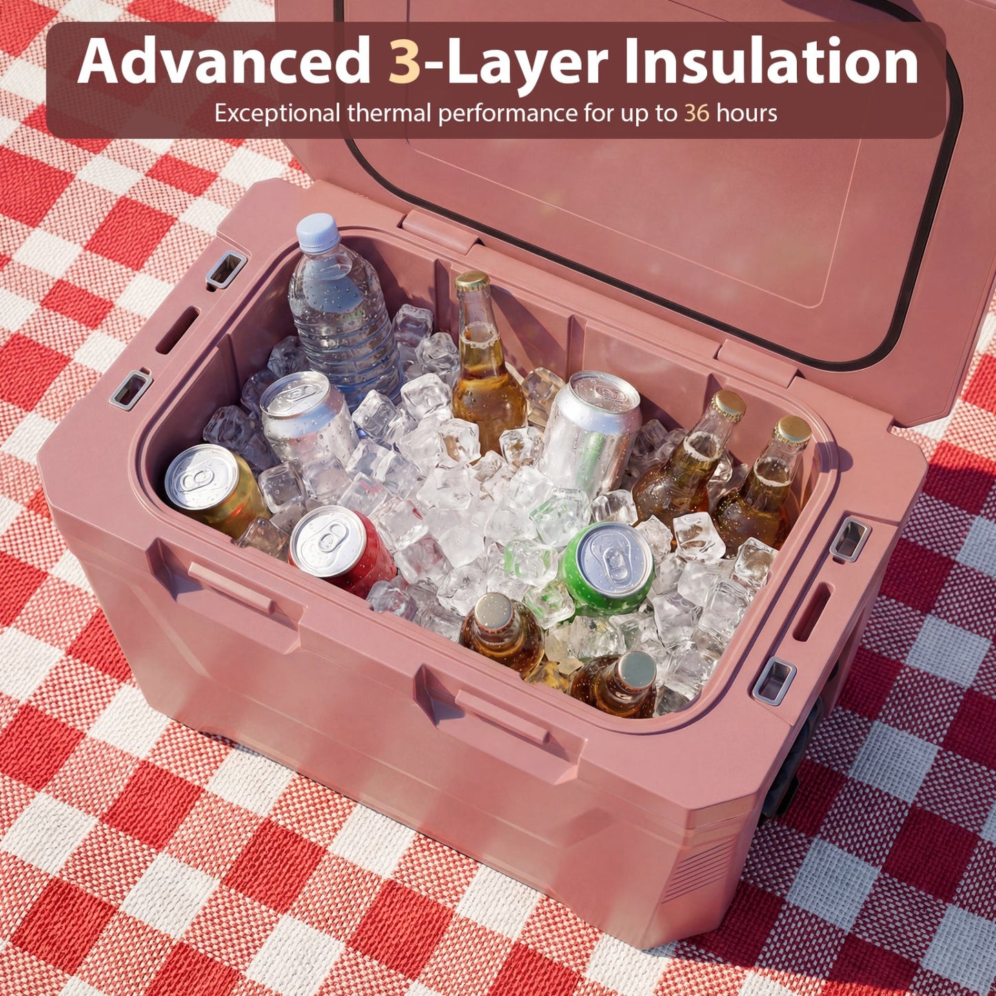 Large Insulated Hard Shell Cooler with Cup Holders, Bottle Opener & Drain Plug