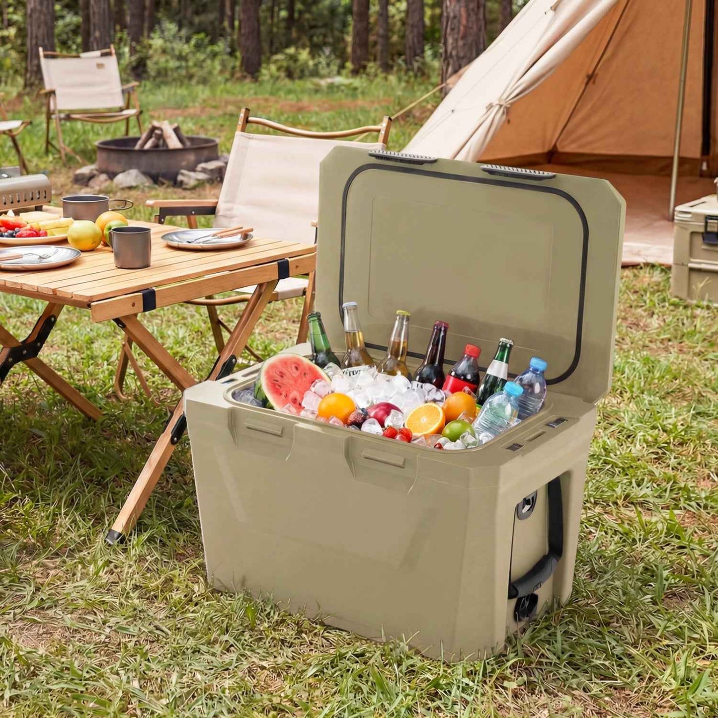 Large Insulated Hard Shell Cooler with Cup Holders, Bottle Opener & Drain Plug