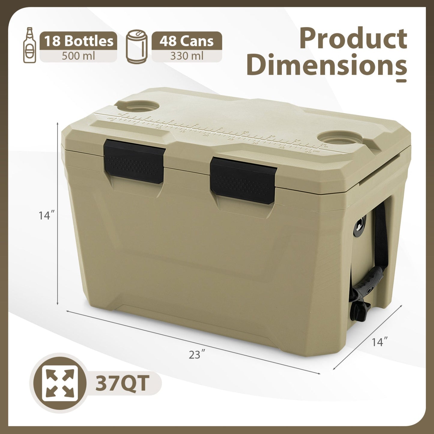 Large Insulated Hard Shell Cooler with Cup Holders, Bottle Opener & Drain Plug