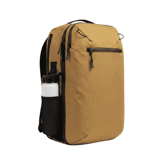 Desert sand ultralight backpack with front water-bottle pocket and black trim