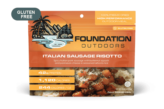 Gluten-free freeze-dried Italian sausage risotto meal pouch by Foundation Outdoors