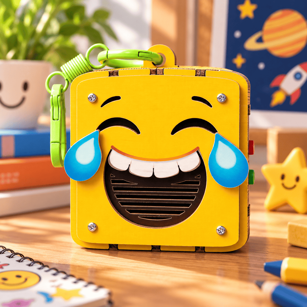 Yellow emoji voice recorder with tearful eyes, blue drop details, and green loop clip
