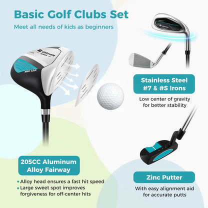 Junior Golf Club Set | Ages 5–7 | Right Hand | 3 Clubs + Stand Bag + Rain Hood | Green, Pink or Blue