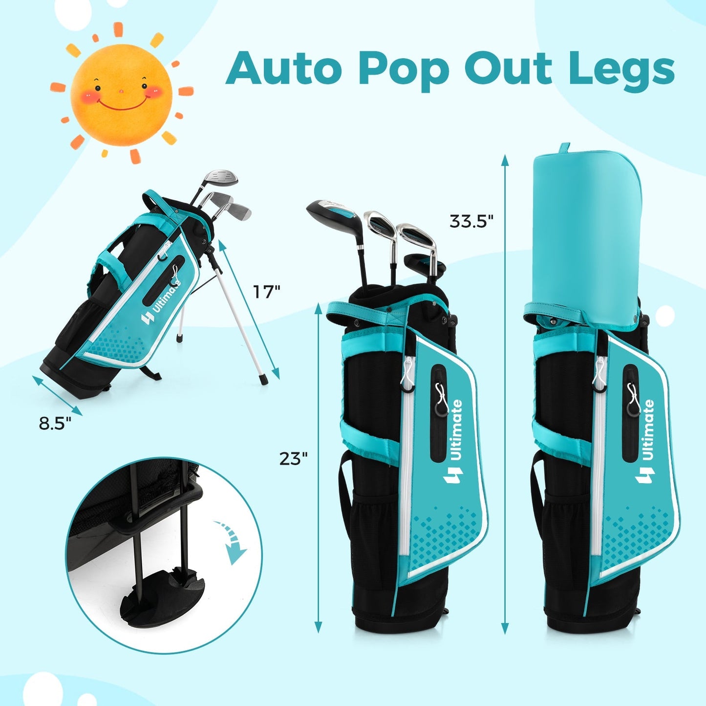 Junior Golf Club Set | Ages 5–7 | Right Hand | 3 Clubs + Stand Bag + Rain Hood | Green, Pink or Blue