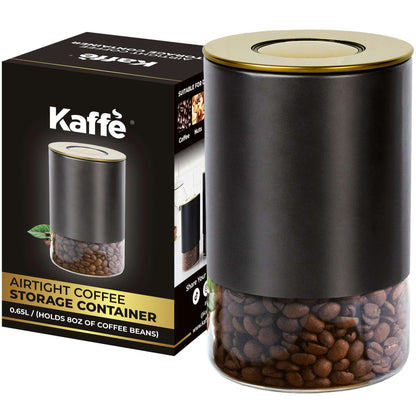 Round coffee storage container with matte black top and clear glass body; product box