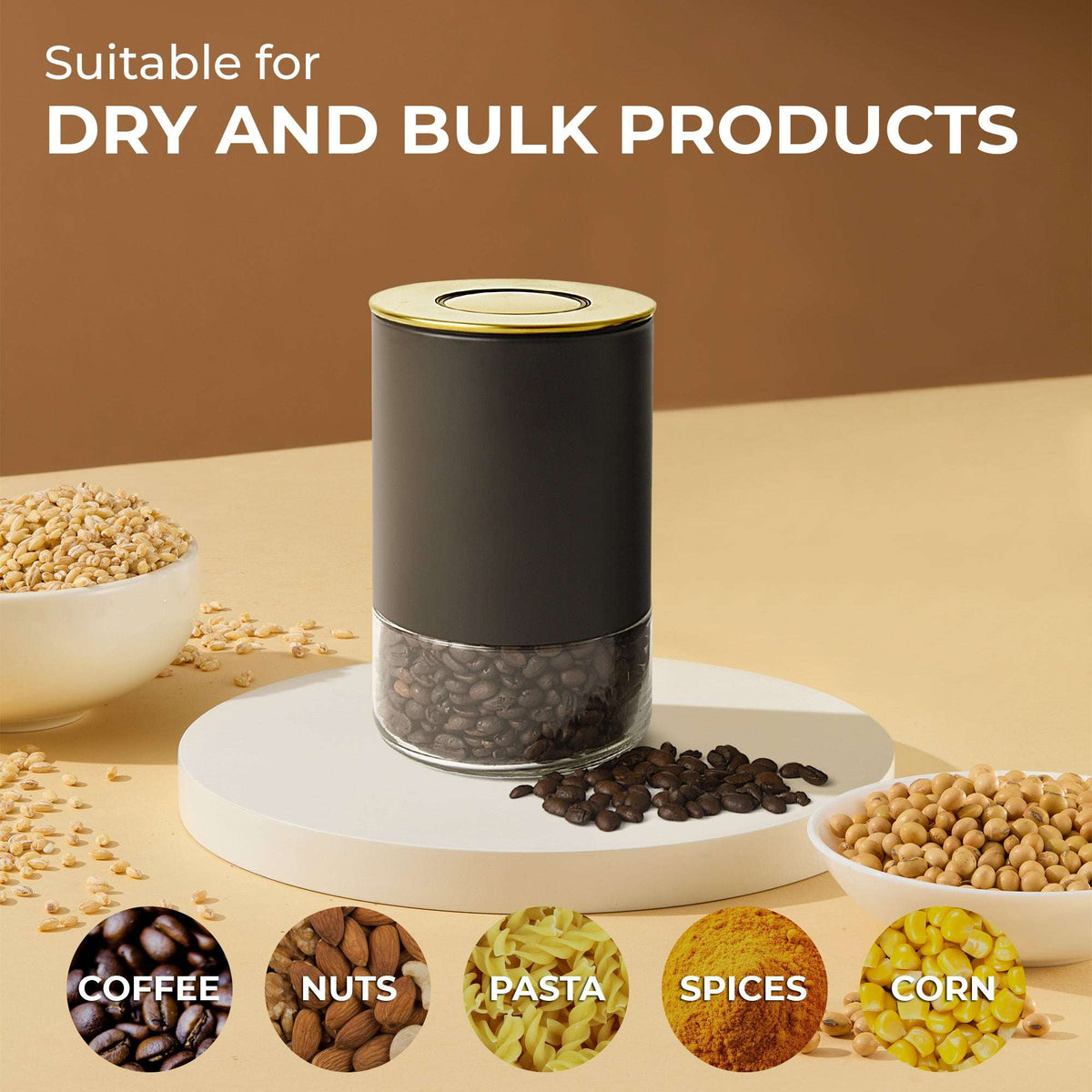 Matte black round glass storage container with stainless lid for dry goods or coffee