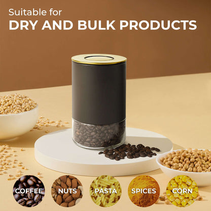 Matte black round glass storage container with stainless lid for dry goods or coffee