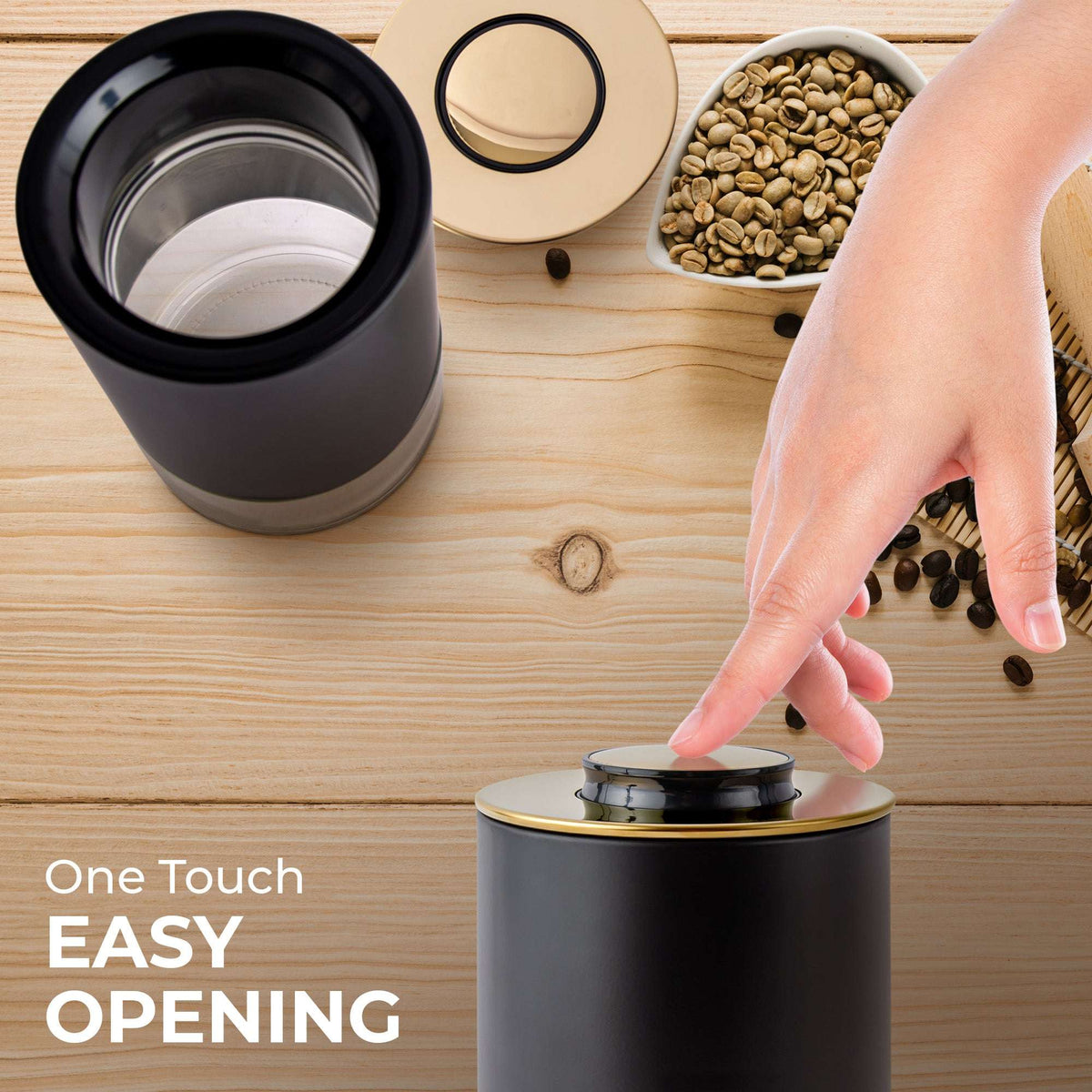 Round storage container with black body and stainless lid, opened with one-touch top