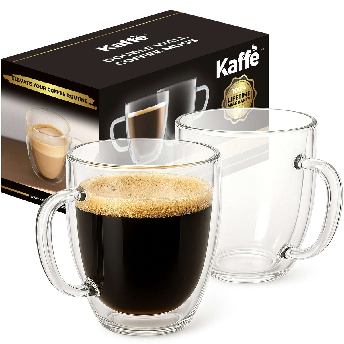 Clear glass coffee mugs with handles, one filled with dark coffee and foam