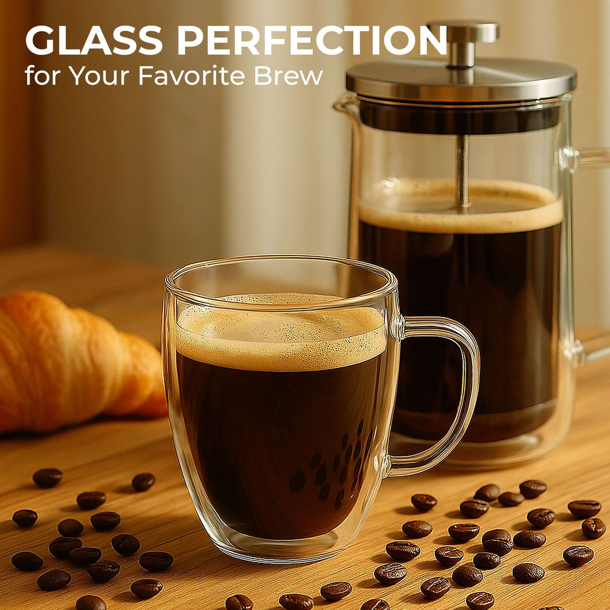 Double-walled glass coffee mugs with handles, filled with dark coffee and crema