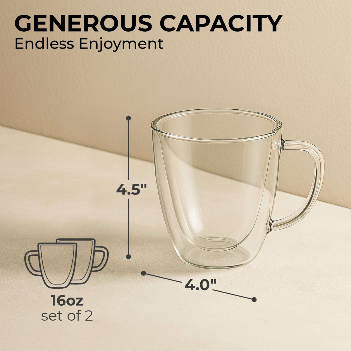 Clear double-walled glass coffee mug with handle