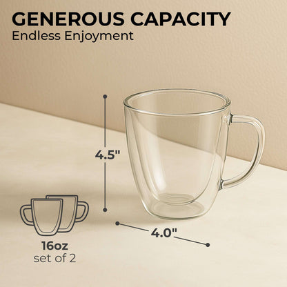 Clear double-walled glass coffee mug with handle