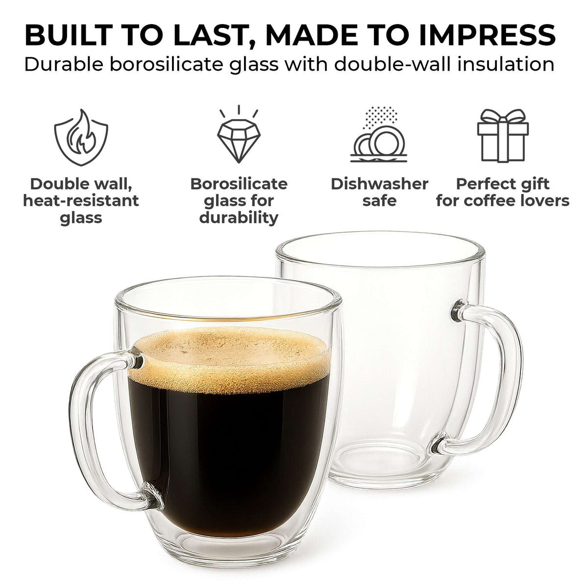 Set of 2 clear borosilicate glass coffee mugs with handles