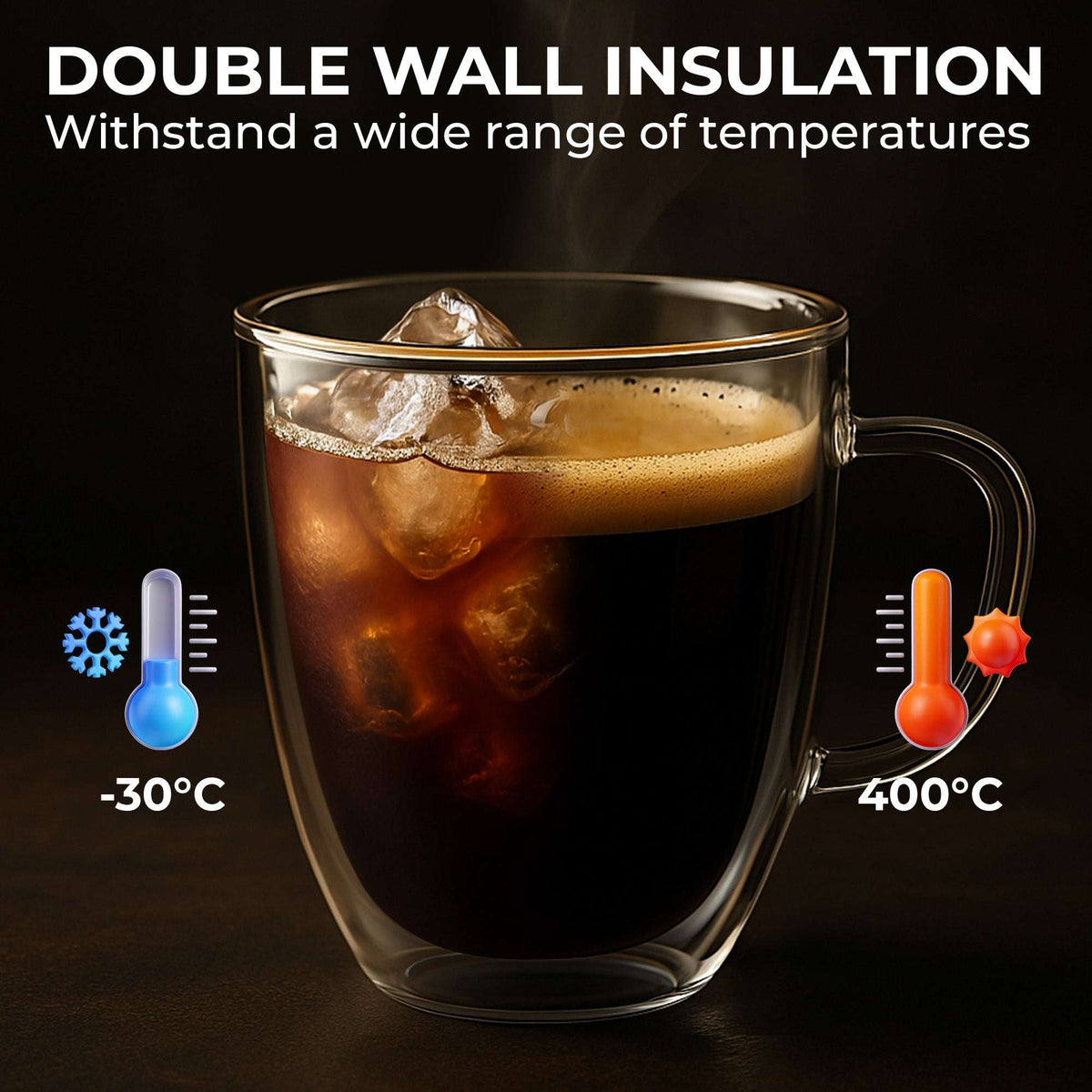 Clear double-walled glass coffee mug with handle, filled with iced dark coffee