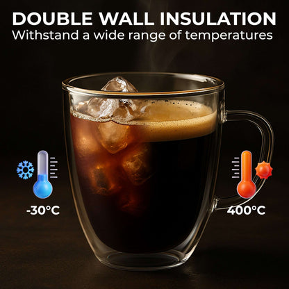 Clear double-walled glass coffee mug with handle, filled with iced dark coffee