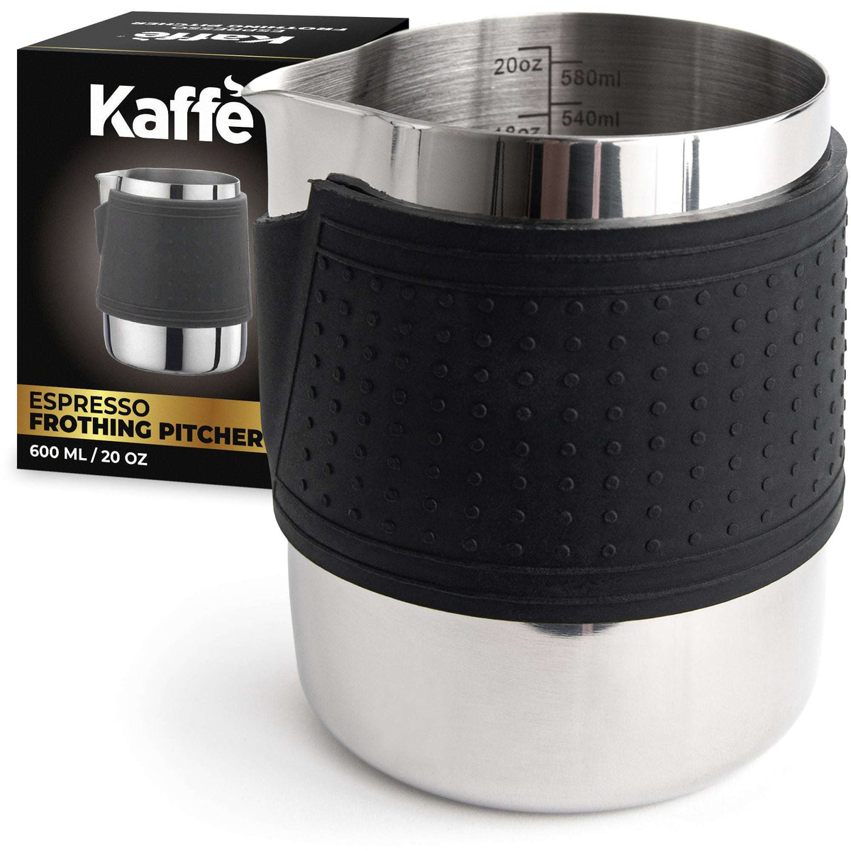 Kaffe stainless steel milk frothing pitcher with black silicone sleeve and measurement marks
