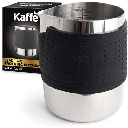 Kaffe stainless steel milk frothing pitcher with black silicone sleeve and measurement marks