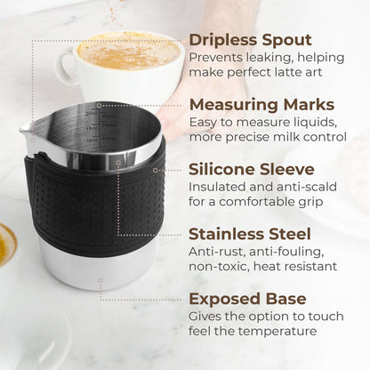 Milk frothing pitcher with black silicone sleeve, dripless spout, and measuring marks