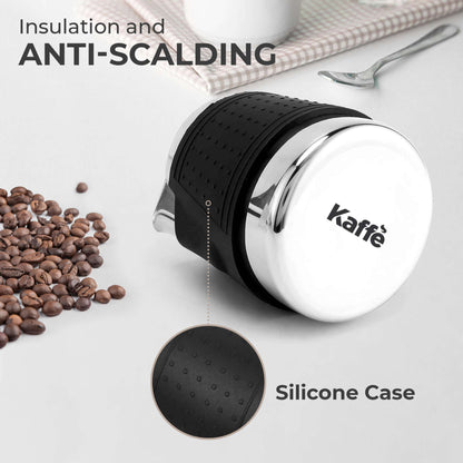 Insulated milk frothing pitcher with black silicone case and stainless steel base