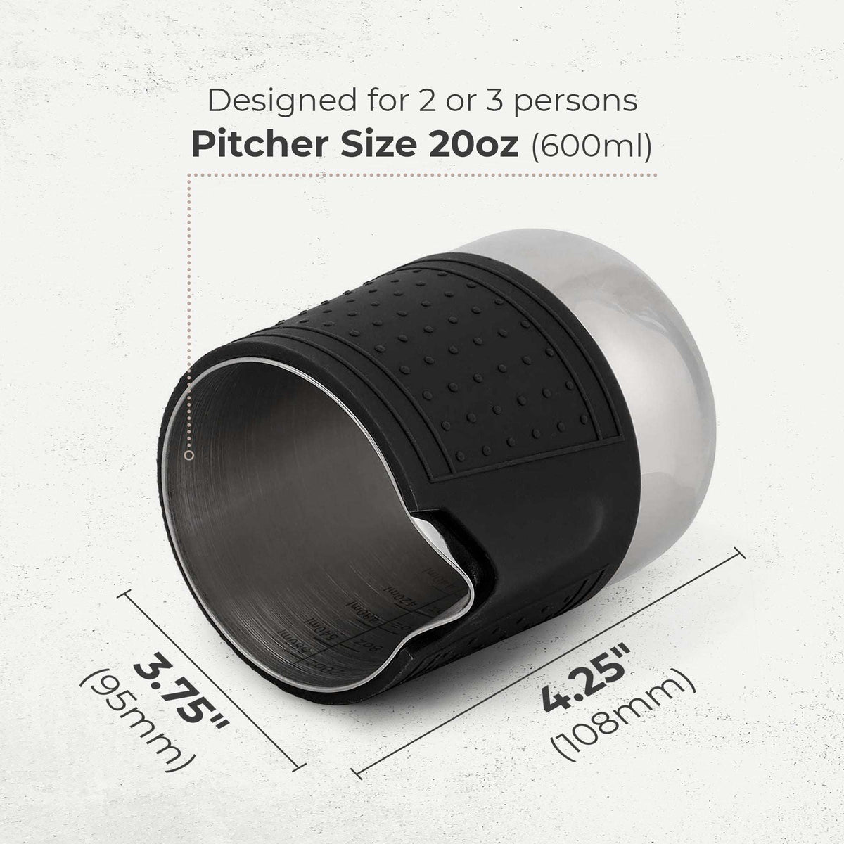 Milk frothing pitcher with black silicone sleeve, stainless steel interior, and pour spout